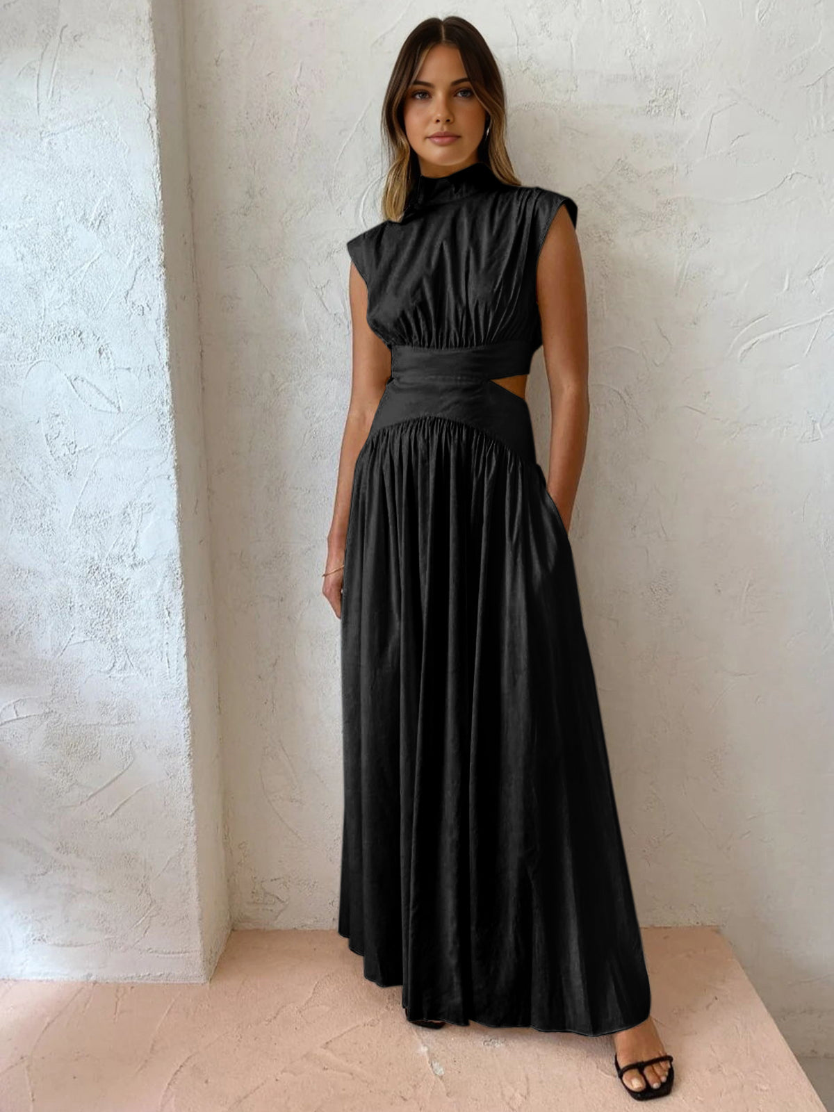 Women’s Mock Neck Maxi Dress – Sleeveless Romantic Style for Work, Holidays, and Parties