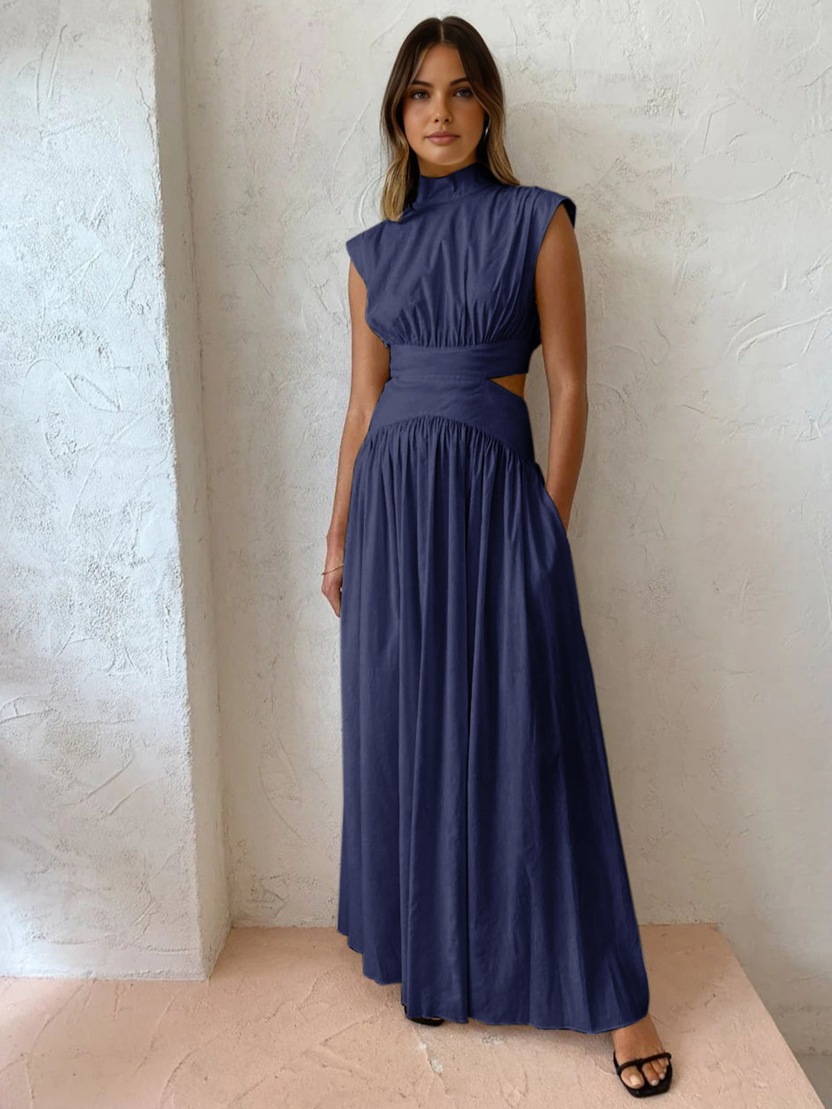 Women’s Mock Neck Maxi Dress – Sleeveless Romantic Style for Work, Holidays, and Parties