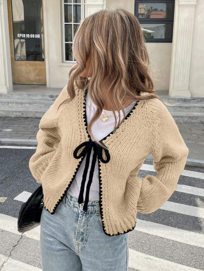 Women’s Tie-Front Cardigan – Cropped Knit Layer with Contrast Trim