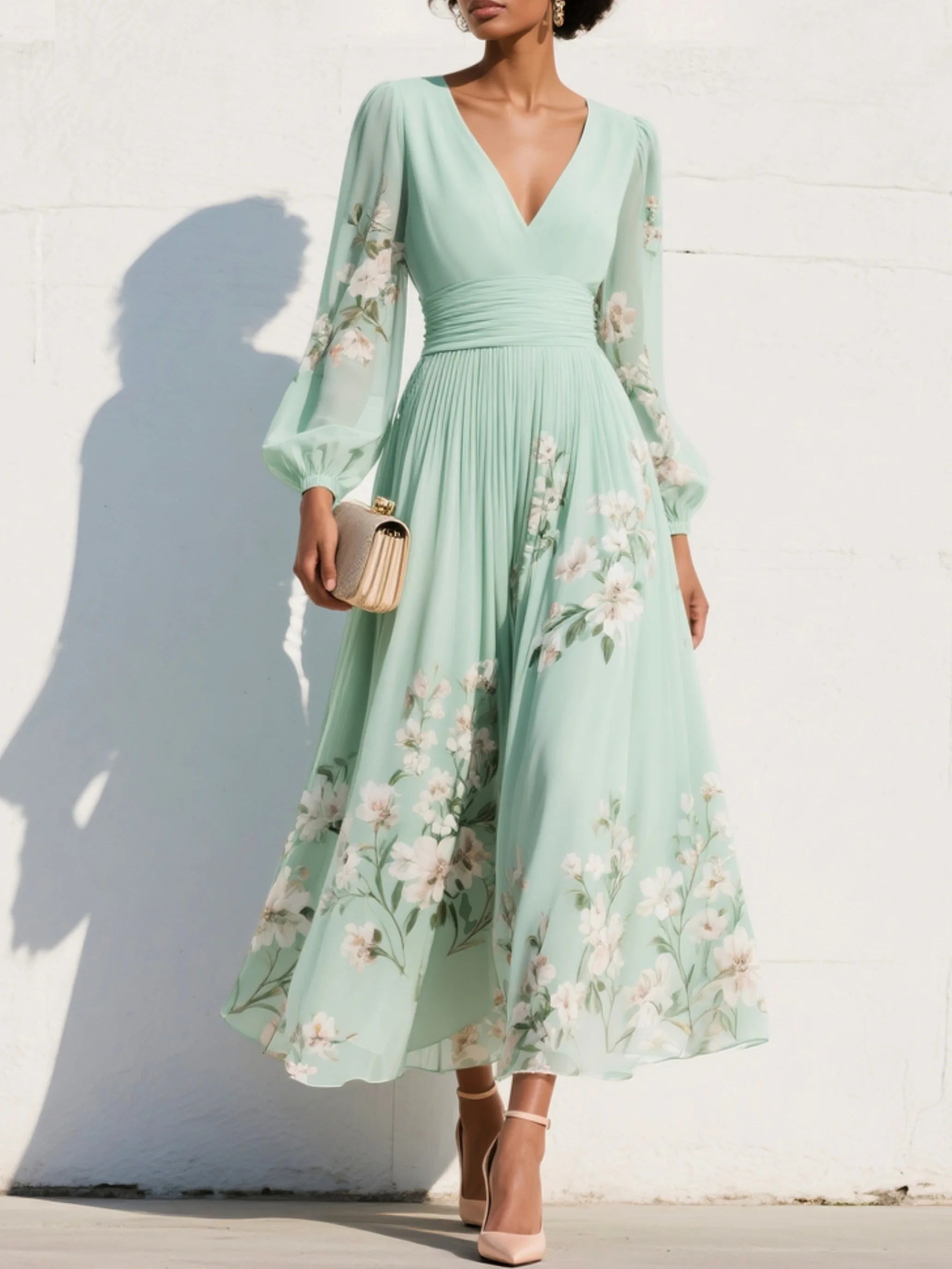 Isadora | Floral Border Pleated Maxi Dress