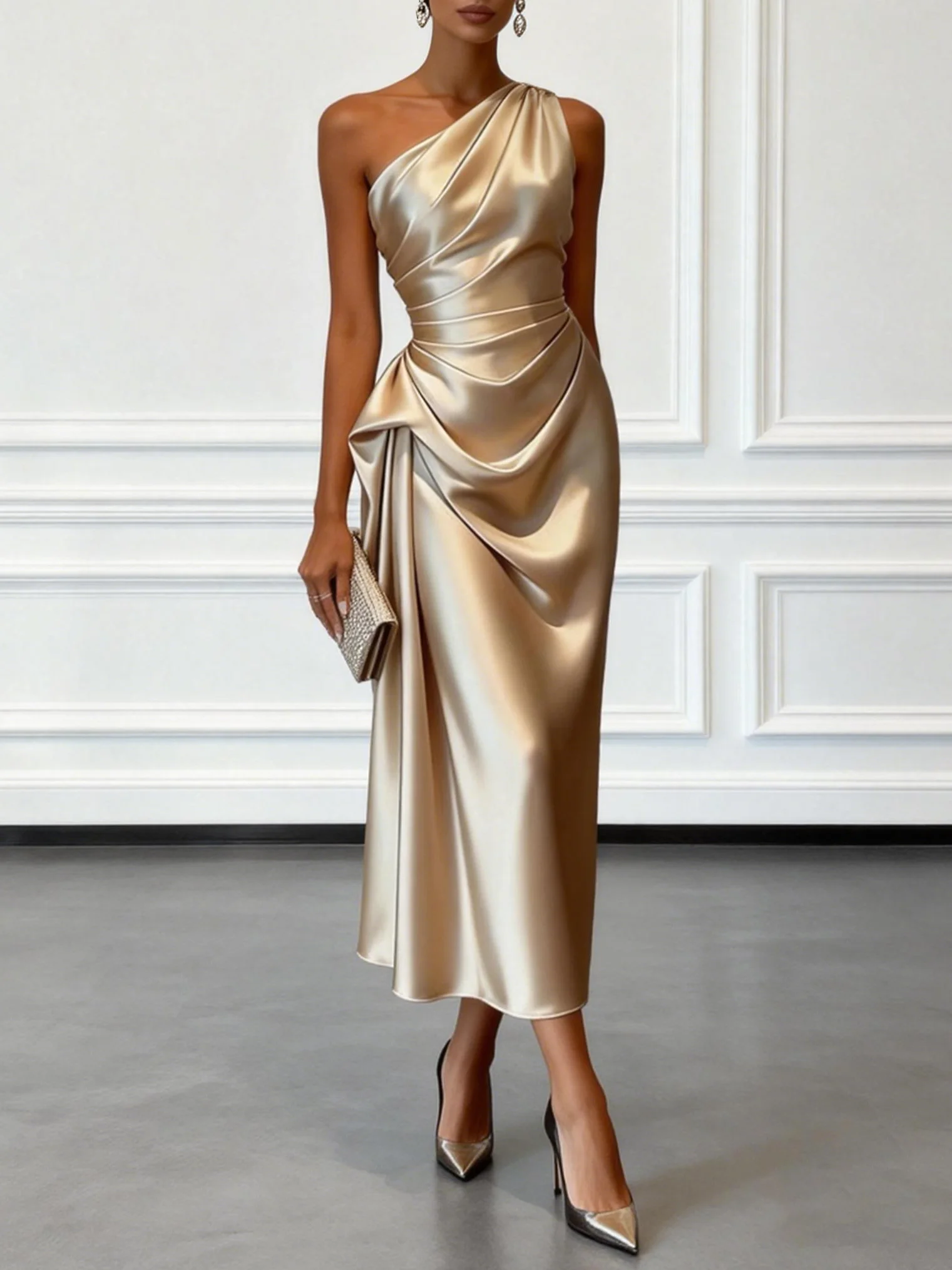 Vivienne | One-Shoulder Satin Midi Dress