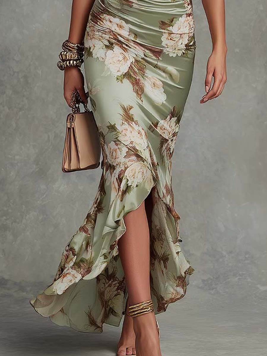 Serena | Ruched Floral Satin Maxi Dress
