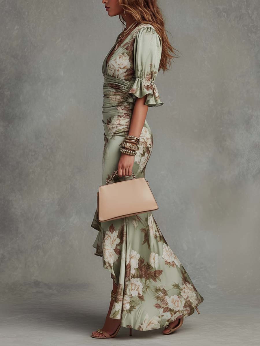 Serena | Ruched Floral Satin Maxi Dress