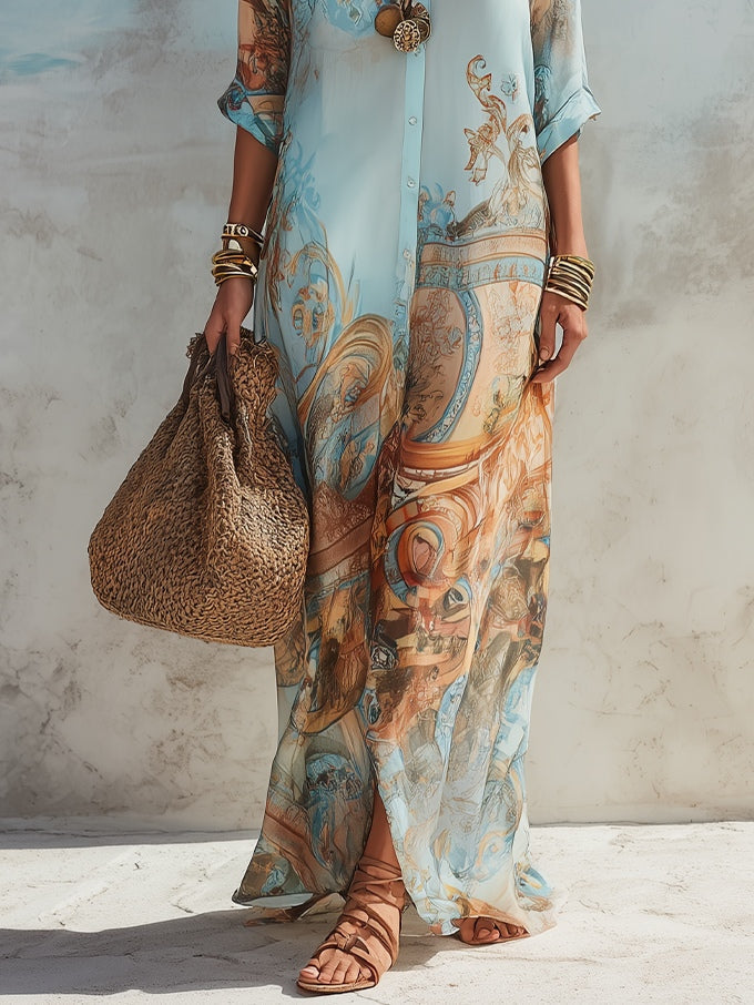 Celeste | Baroque Print Maxi Shirt Dress