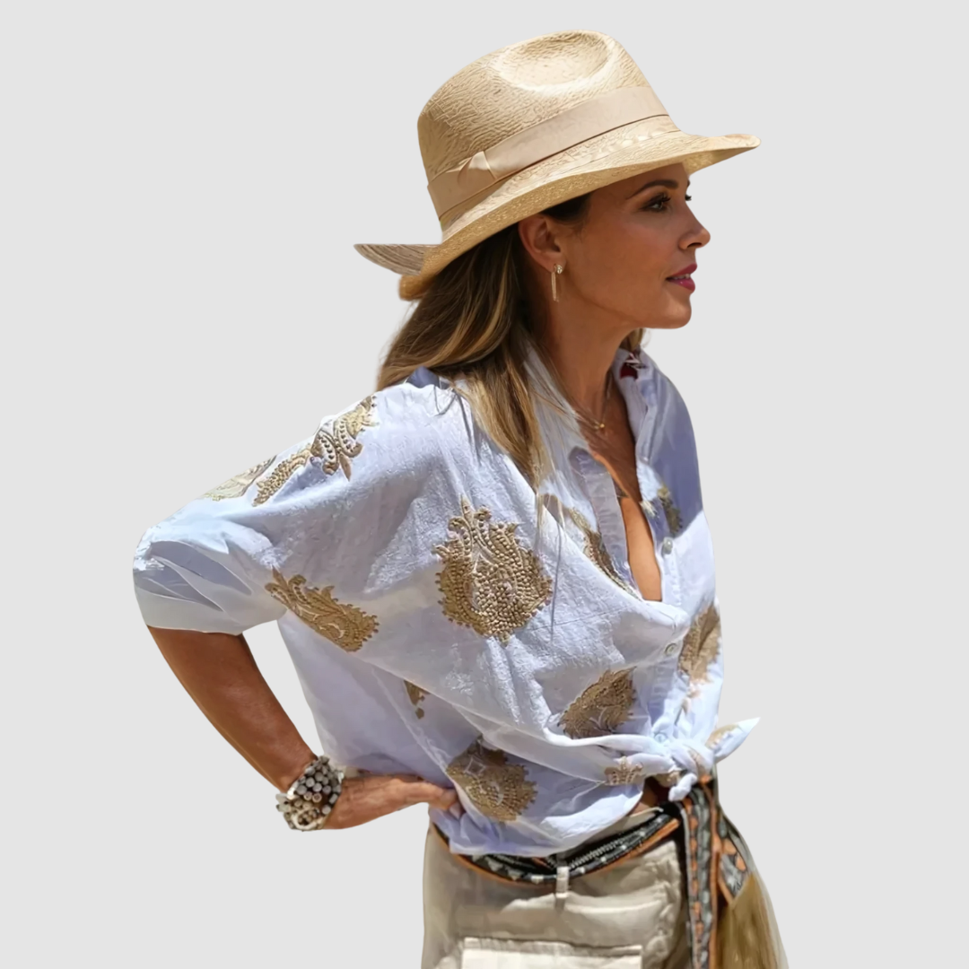 Celeste | Gold Embroidered Tie-Front Blouse