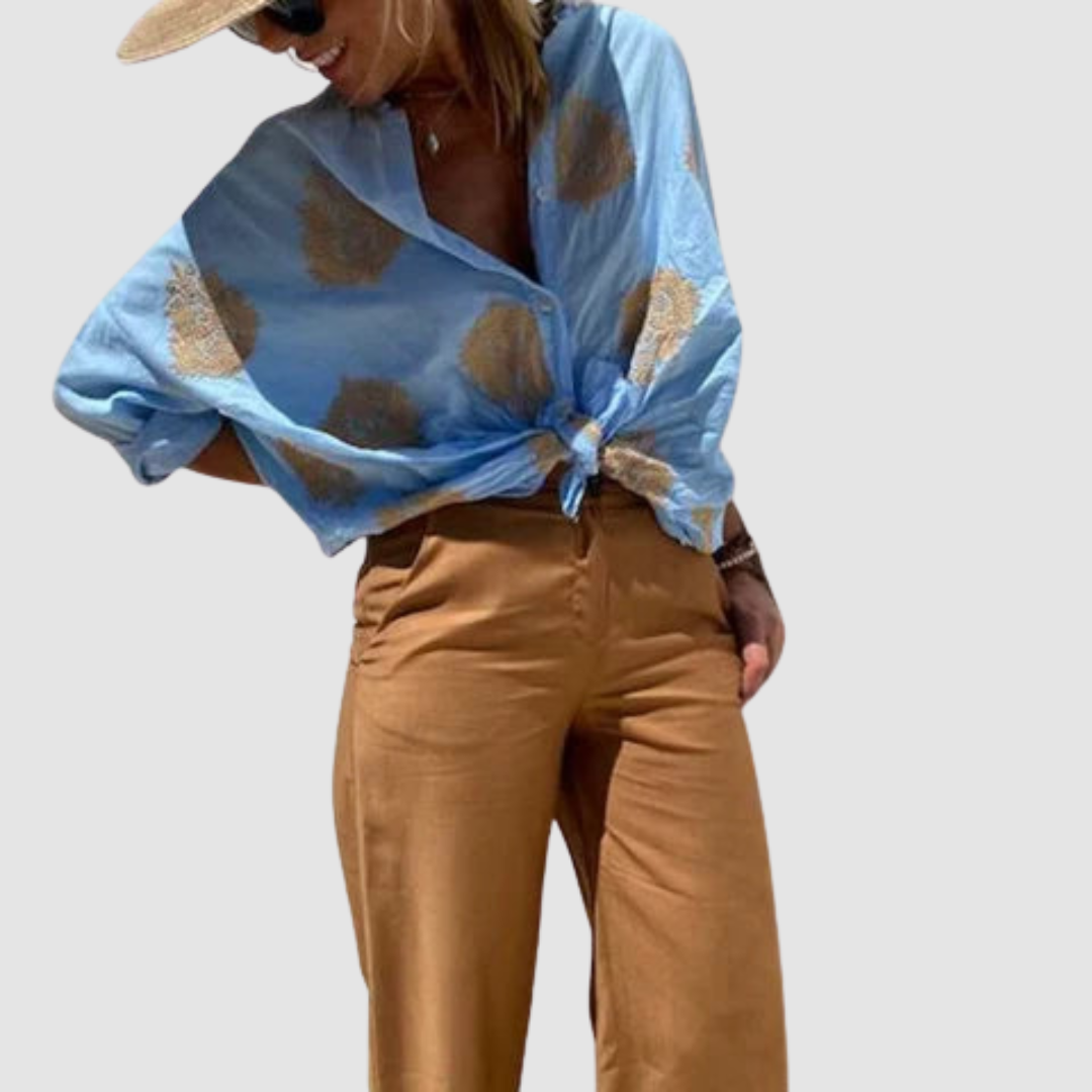 Celeste | Gold Embroidered Tie-Front Blouse