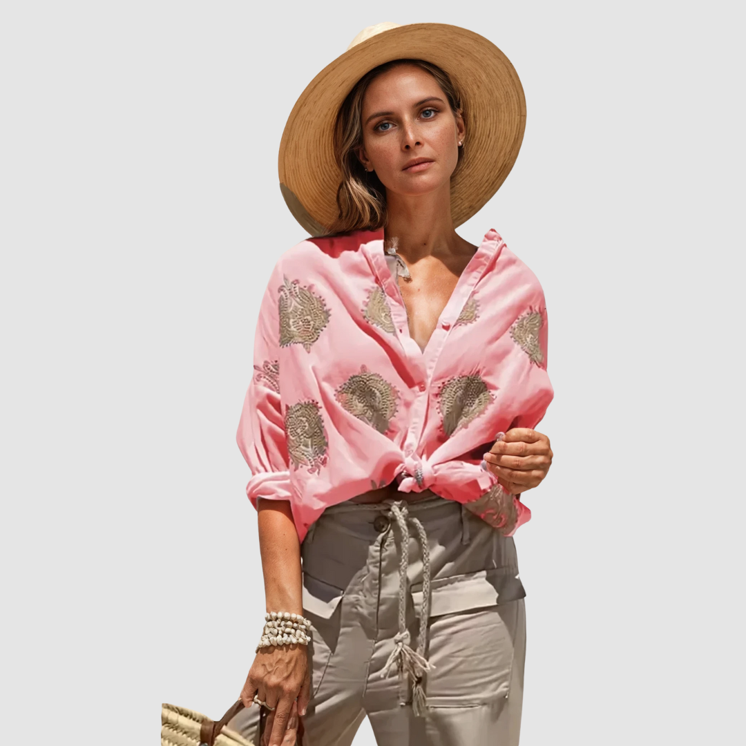 Celeste | Gold Embroidered Tie-Front Blouse