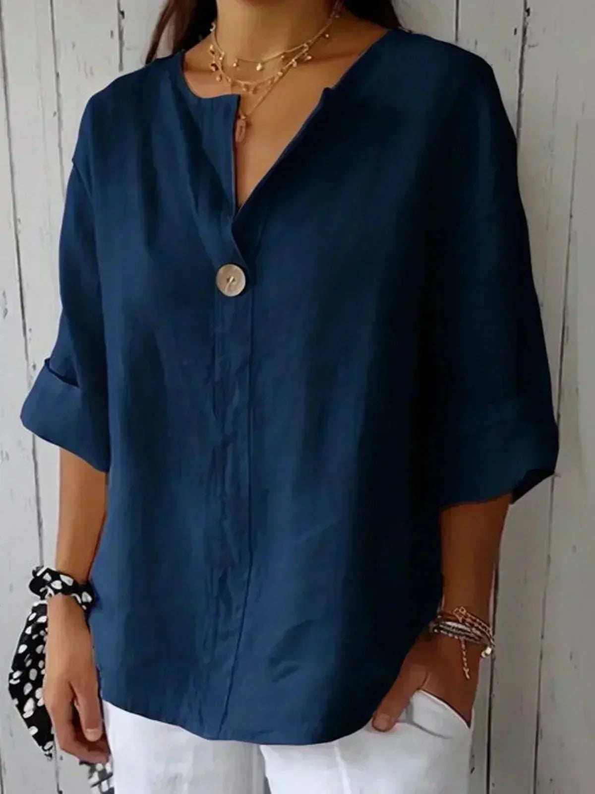Clara | V-Neck Wooden Button Blouse