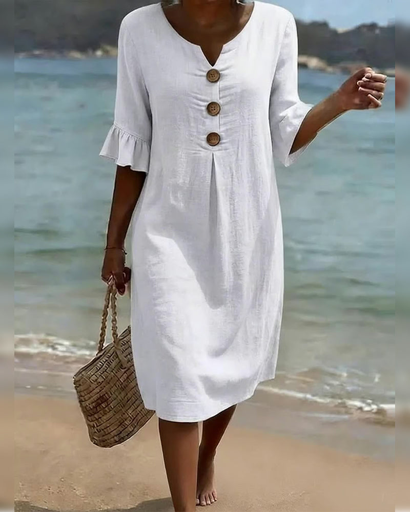 Button Ruffle Sleeve 100% Cotton Dress