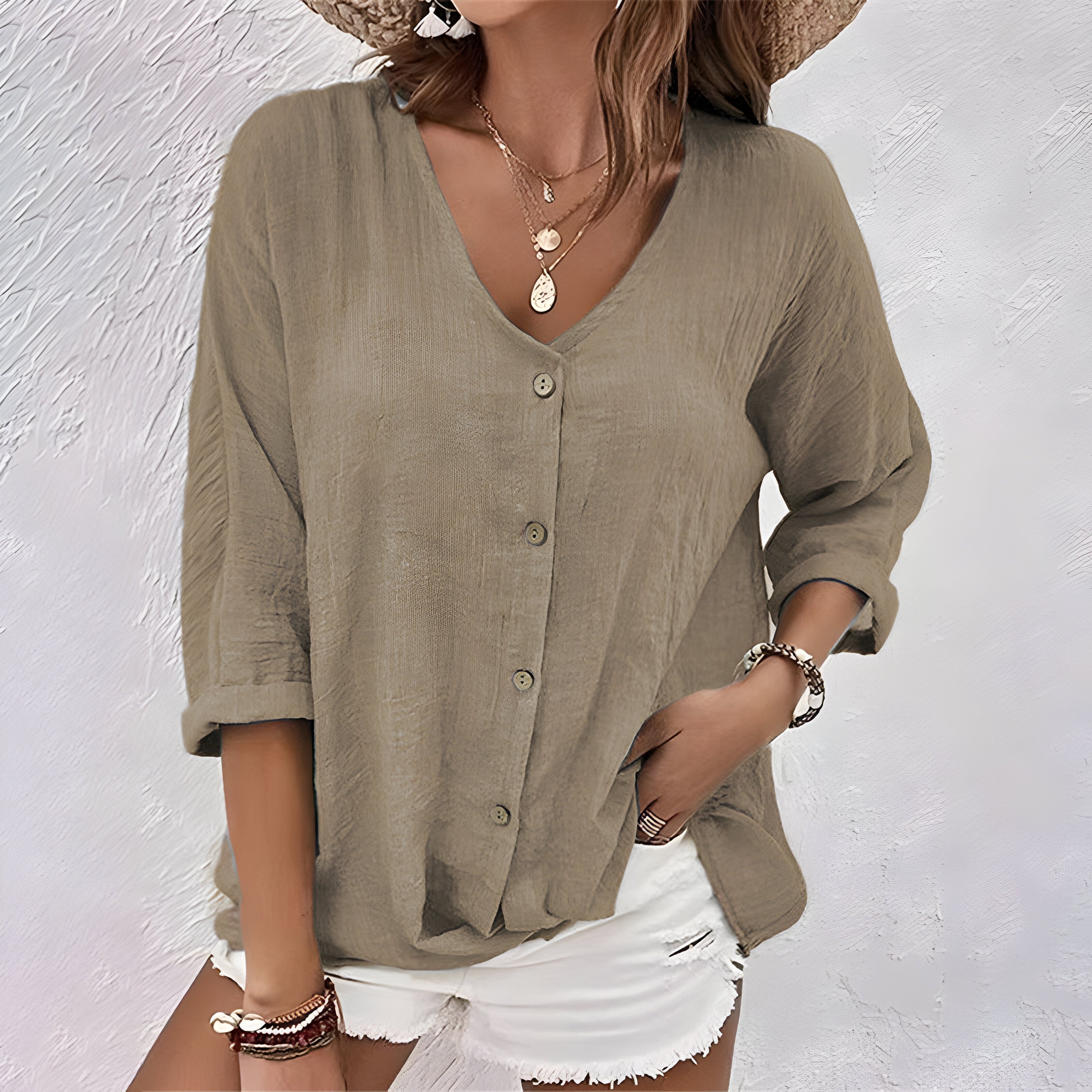 Tabitha | Linen Button Front V-Neck Blouse