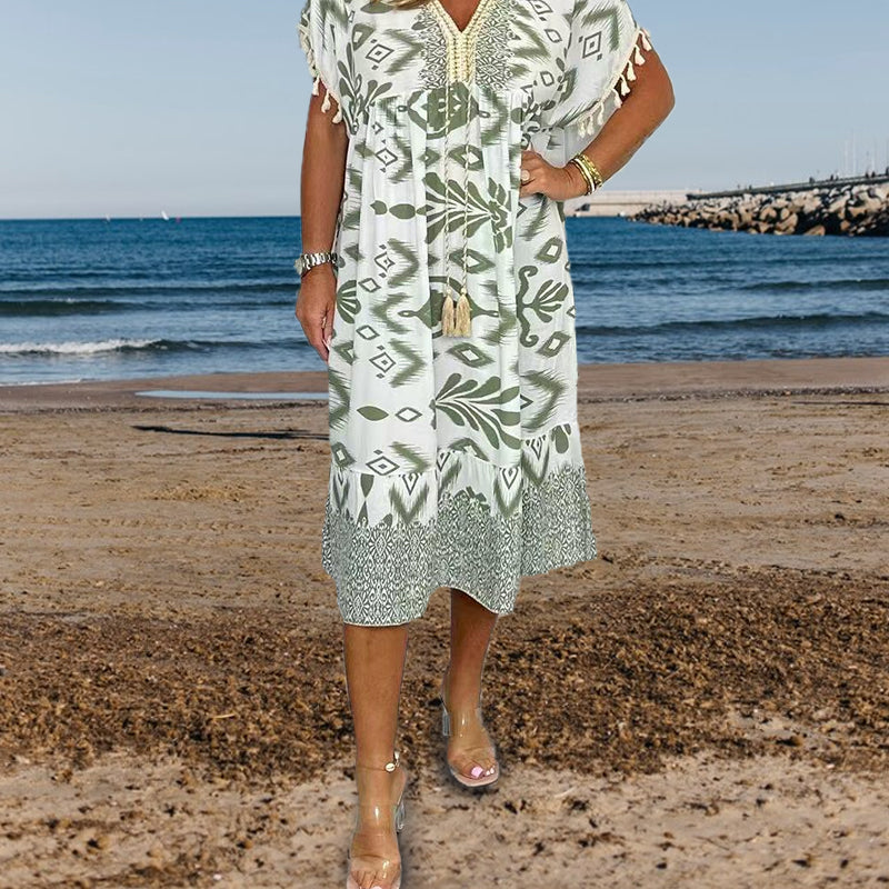 Printed A-Line Dress V-Neck Drawstring Waist
