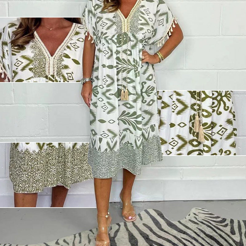 Printed A-Line Dress V-Neck Drawstring Waist