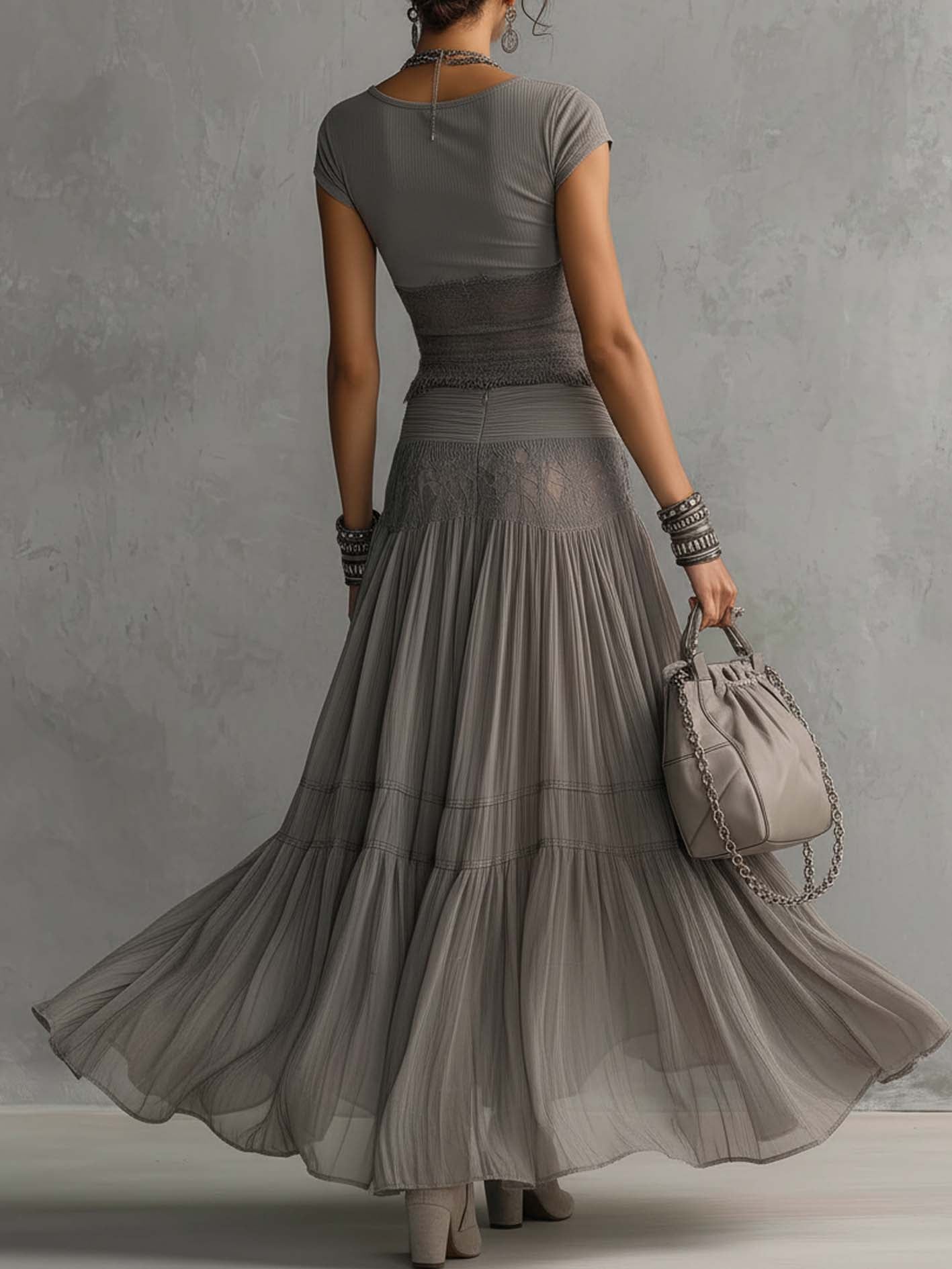 Isadora | Lace-Trim Fringed Top & Pleated Maxi Skirt Set