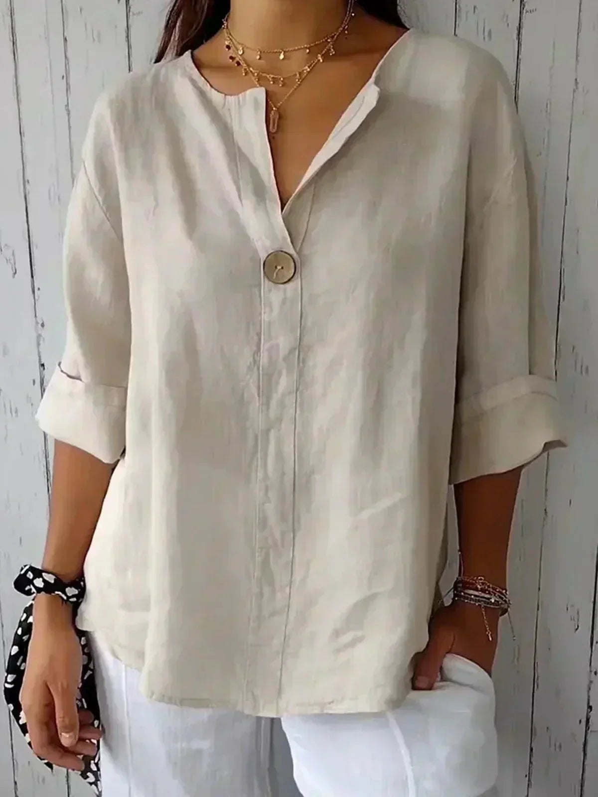 Clara | V-Neck Wooden Button Blouse