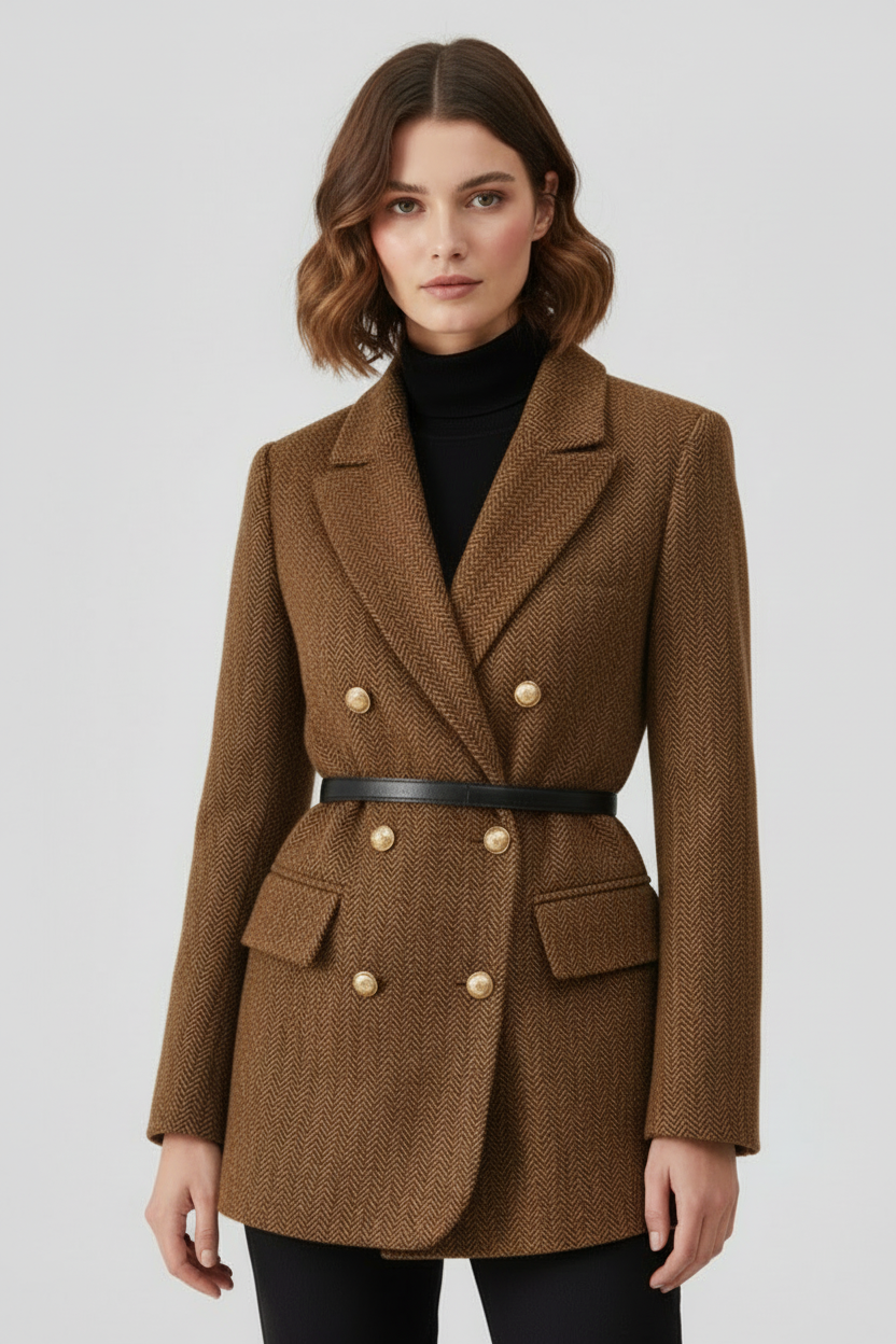 Women’s Double-Breasted Tweed Coat – Belted, Peak Lapel