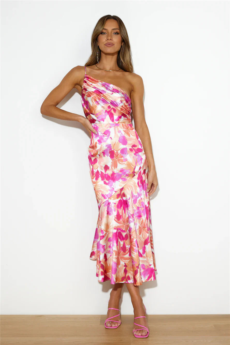 Scarlett | One-Shoulder Floral Satin Midi Dress