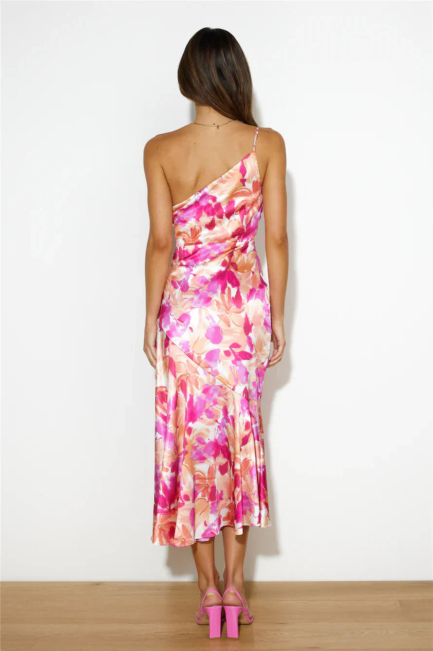 Scarlett | One-Shoulder Floral Satin Midi Dress