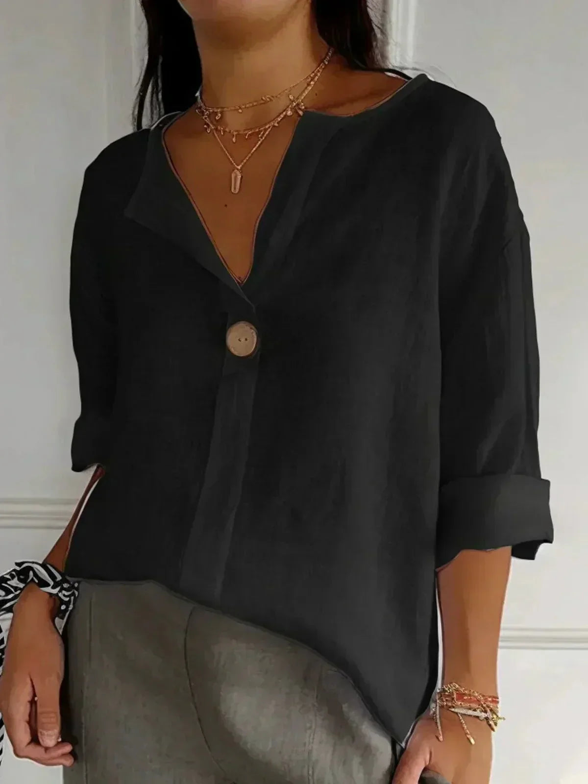 Clara | V-Neck Wooden Button Blouse