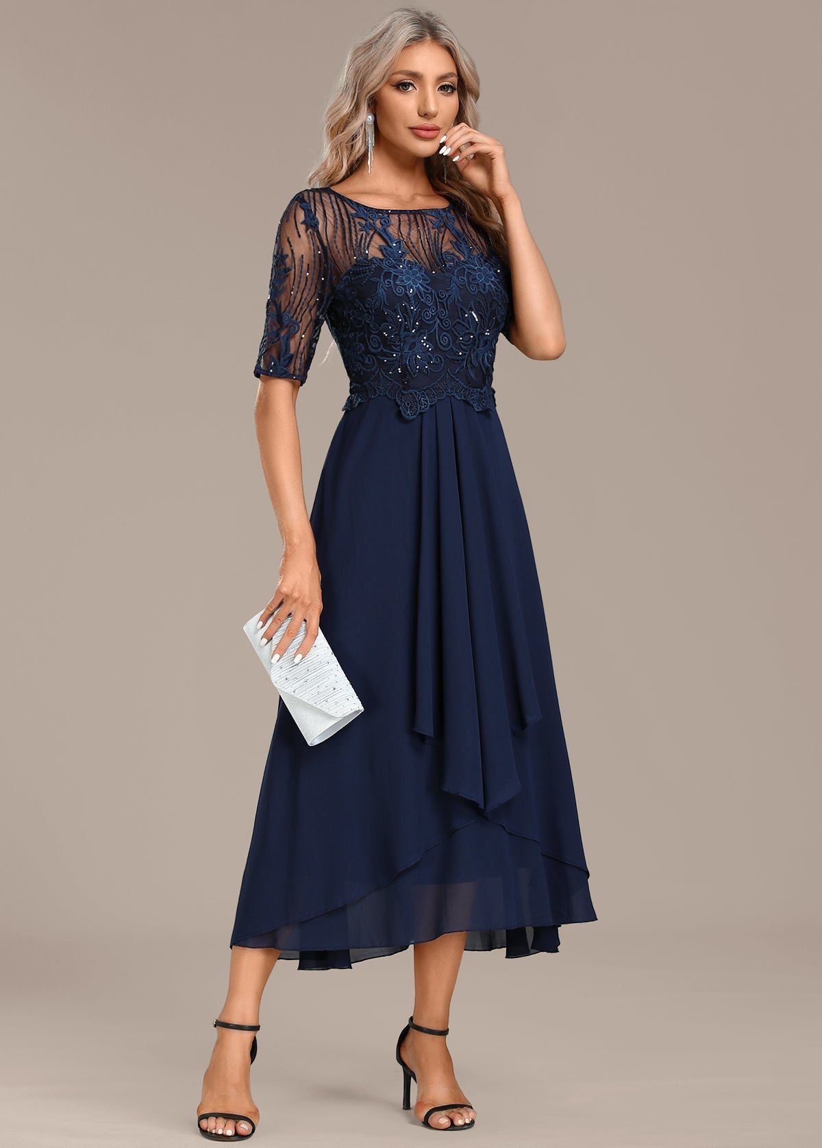 Trending Sophie Navy Lace Short Sleeve Round Neck Dress Style Upgrade