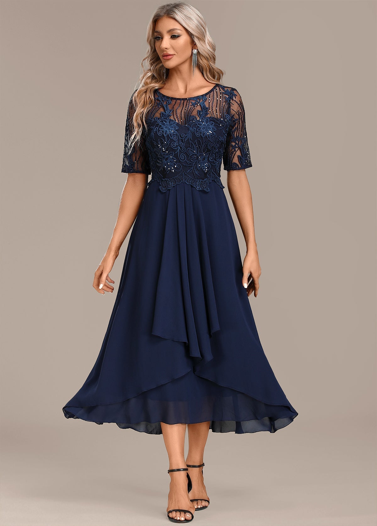 Sophie | Sequin Lace Bodice Chiffon Midi Dress