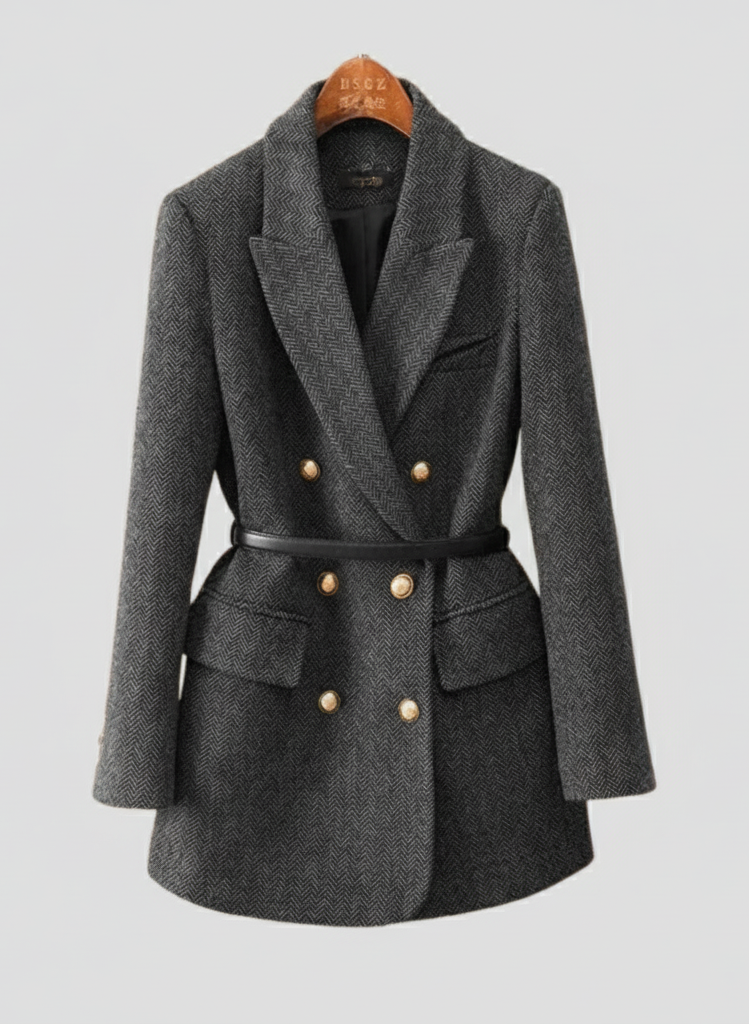 Women’s Double-Breasted Tweed Coat – Belted, Peak Lapel