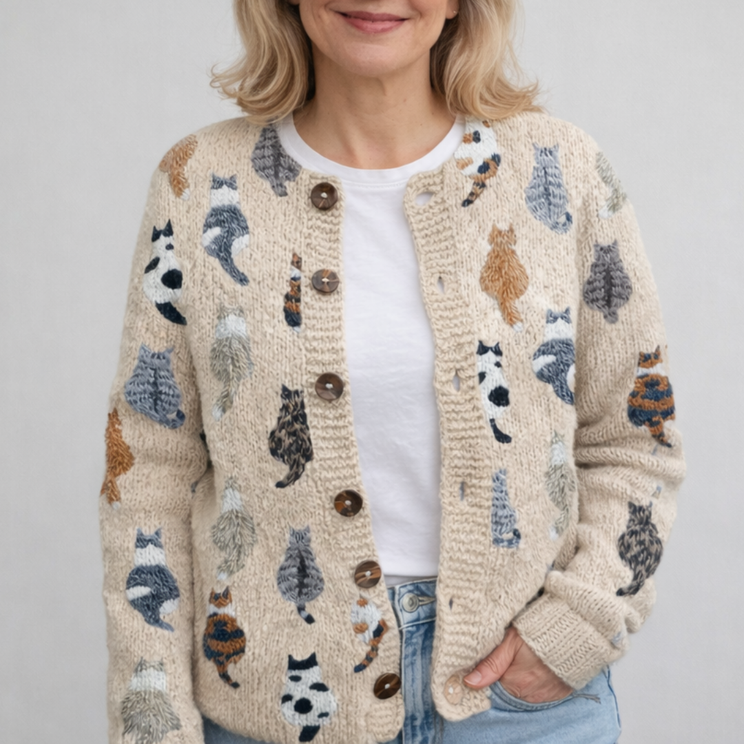 Marilyn | Cat Print Knit Button Cardigan
