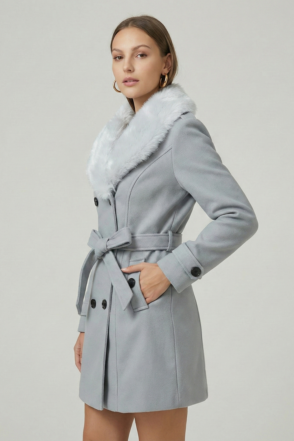 Women’s Double-Breasted Belted Trench Coat with Faux Fur Collar