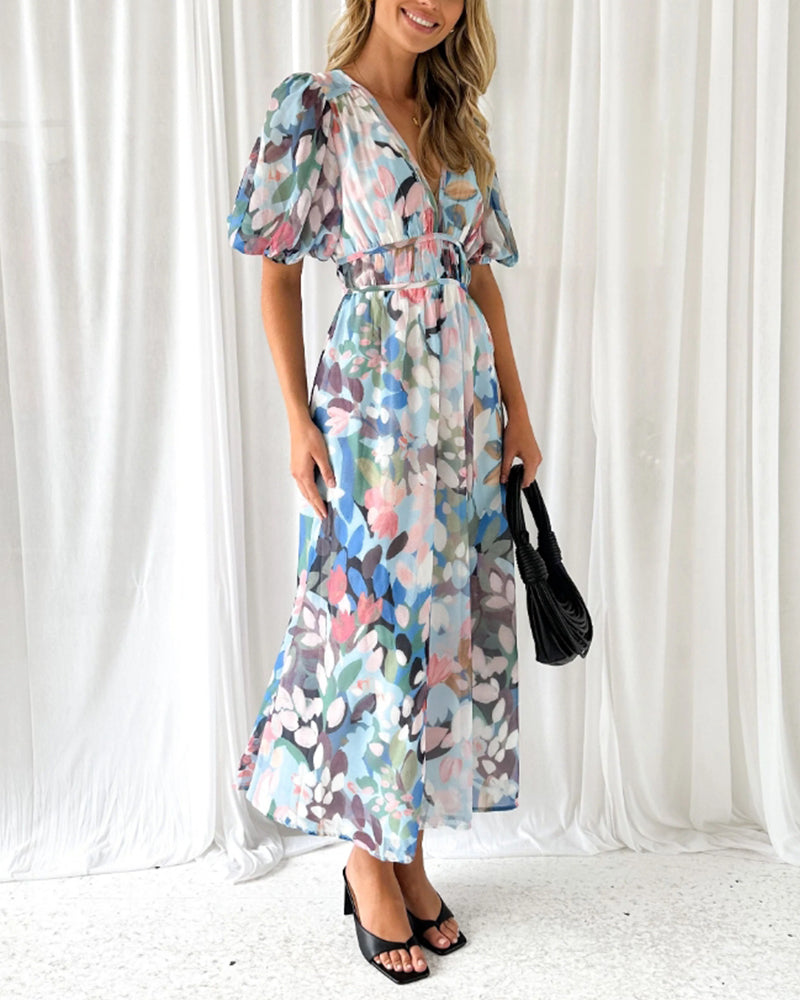 Arabella | Floral Print Lantern Sleeve Maxi Dress
