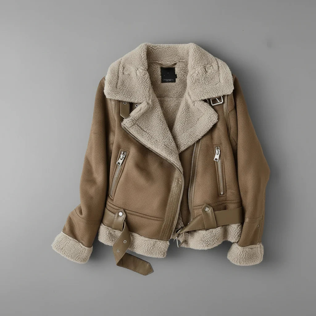 Women’s Shearling Biker Jacket – Sherpa Lined with Belted Hem