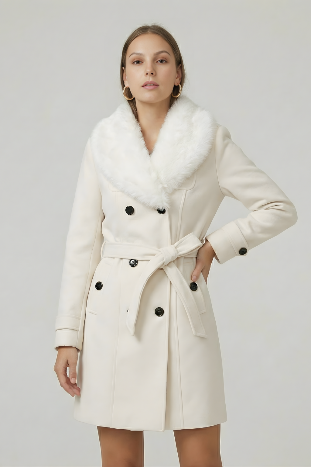 Women’s Double-Breasted Belted Trench Coat with Faux Fur Collar