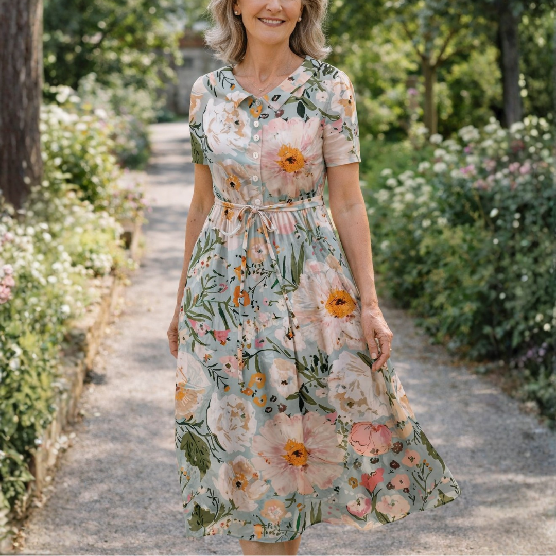 Rosemary | Painterly Floral Tie Waist Midi Dress