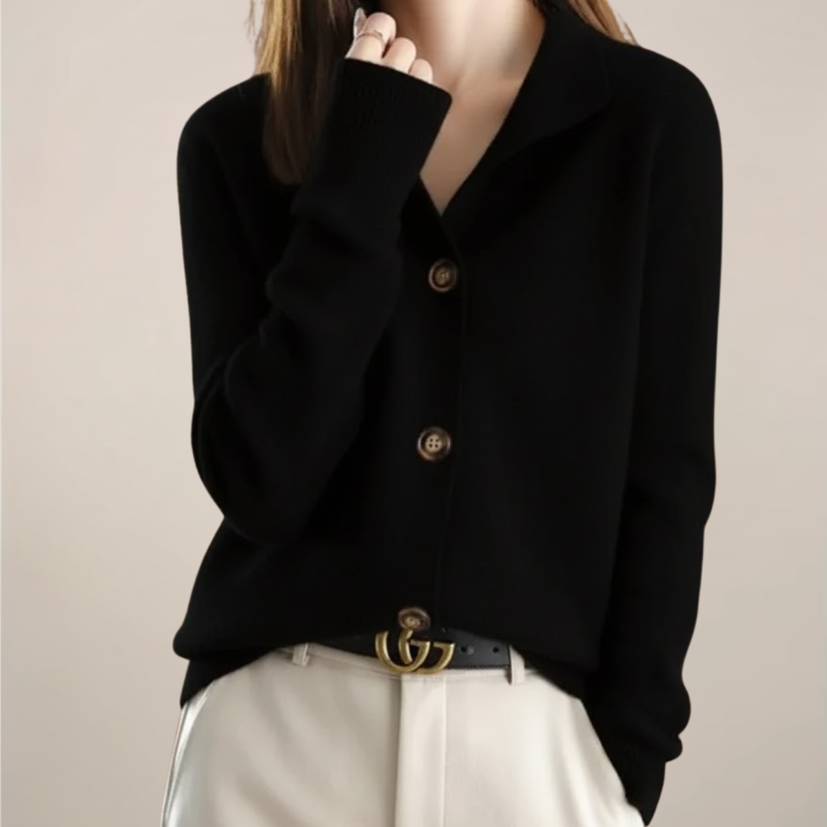 Women’s Cream Cardigan Sweater – Button Front, Soft Collar