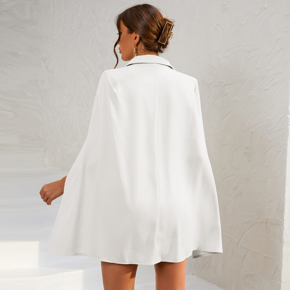 Cape Blazer Mini Dress with Belt and Gold Button Detail