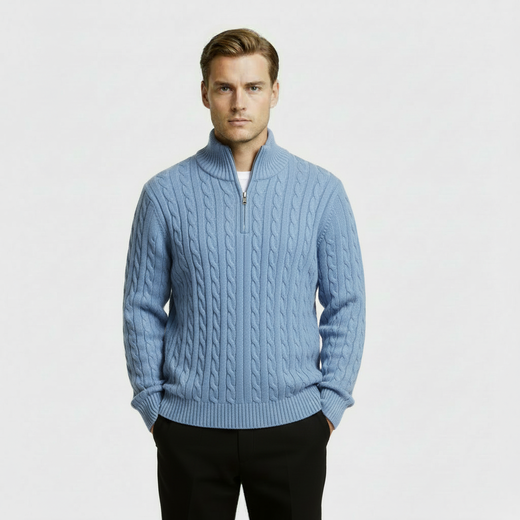 Men’s Cable Knit Quarter Zip Jumper with Stand Collar and Ribbed Hem