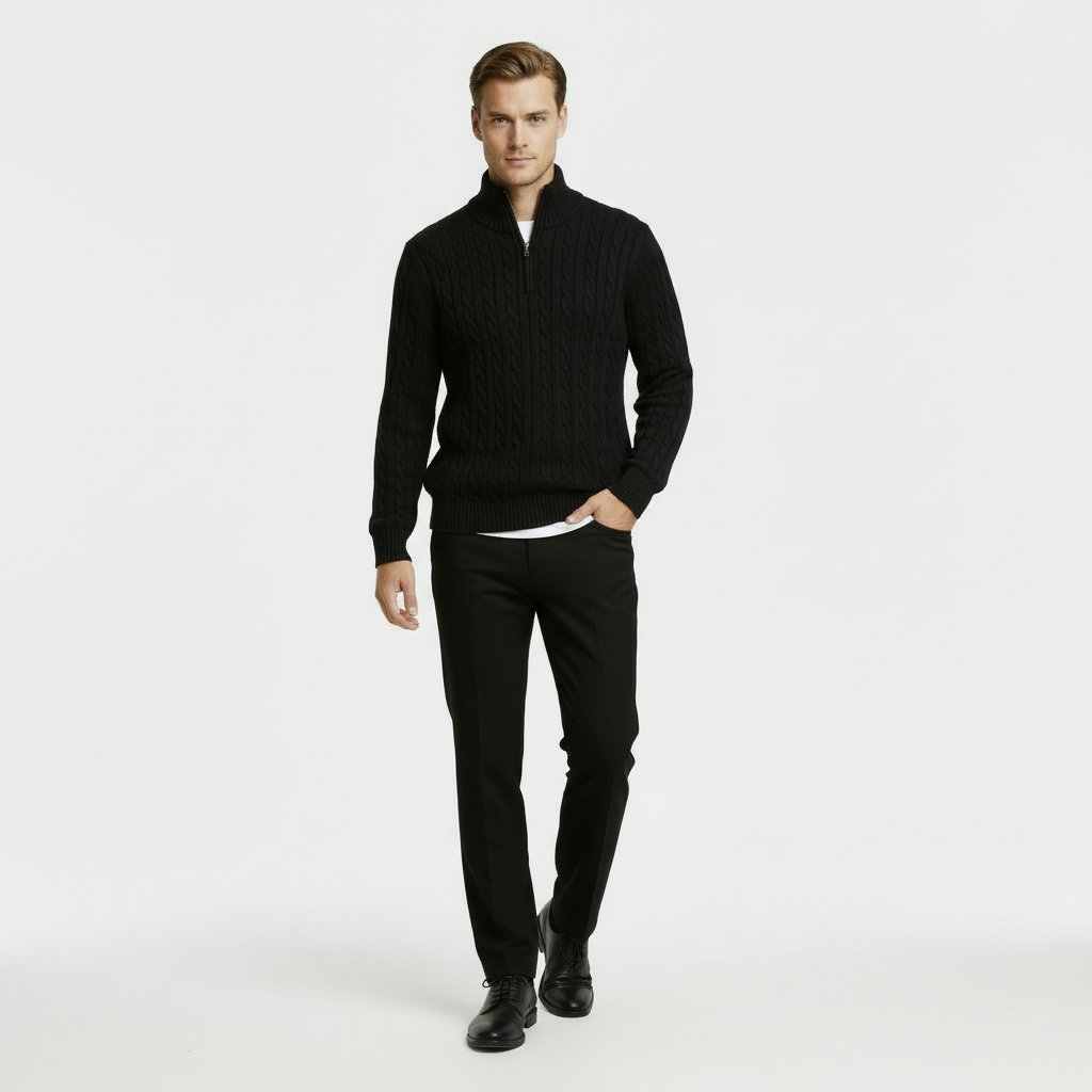 Men’s Cable Knit Quarter Zip Jumper with Stand Collar and Ribbed Hem