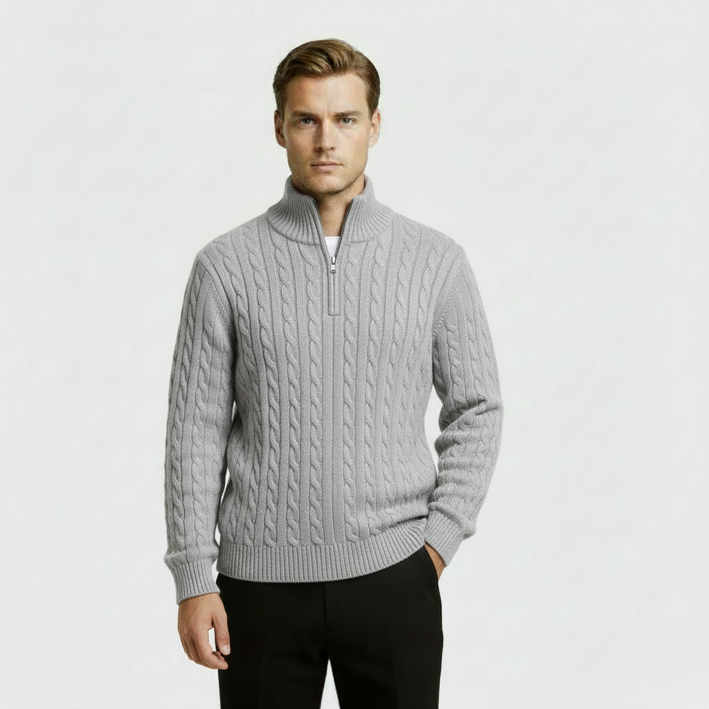 Men’s Cable Knit Quarter Zip Jumper with Stand Collar and Ribbed Hem