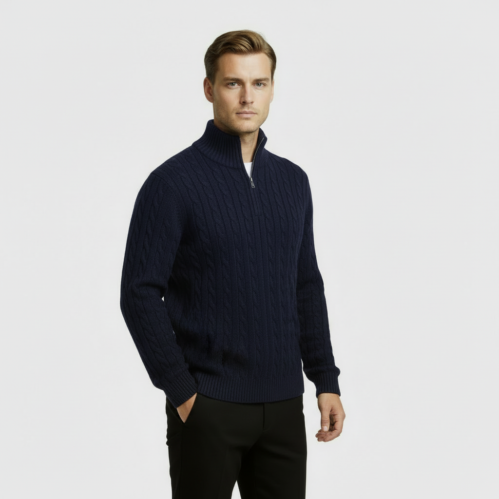 Men’s Cable Knit Quarter Zip Jumper with Stand Collar and Ribbed Hem
