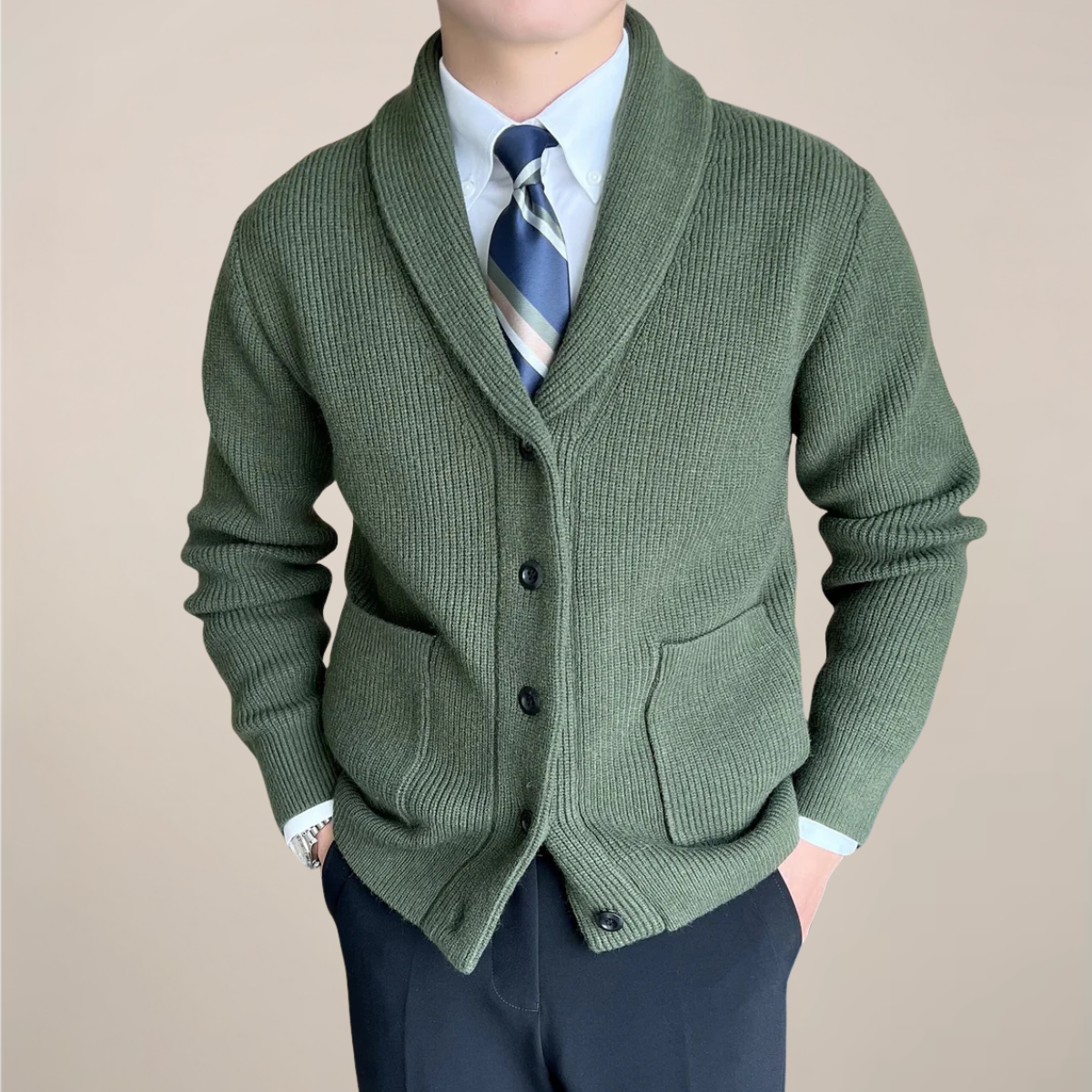 Men’s Cardigan Sweater – Ribbed Knit – Shawl Collar – Relaxed Fit – Button-Up
