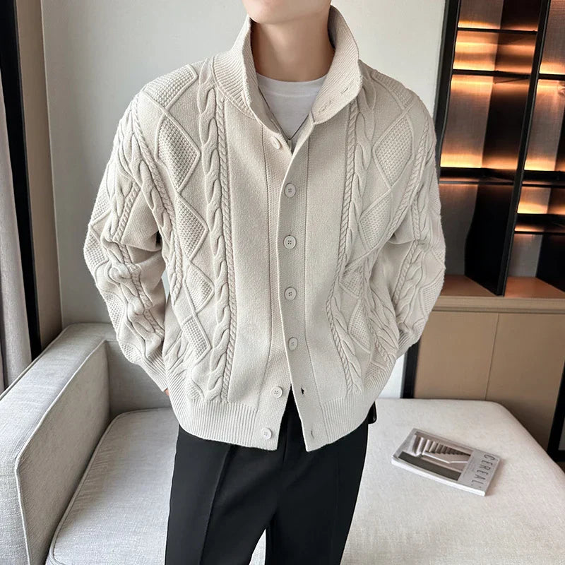 Men’s Chunky Knit Cardigan Sweater with Cable Pattern
