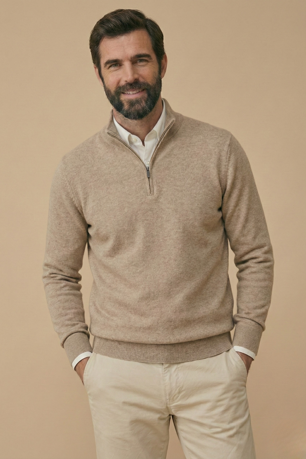 Men’s Half Zip Jumper with Stand Collar and Ribbed Hem