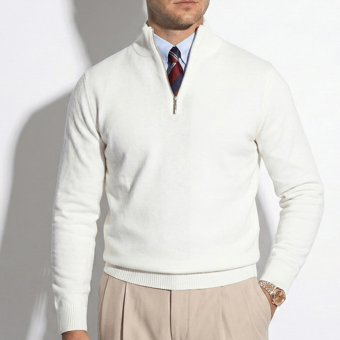 Men’s Half Zip Knitted Jumper with High Collar and Ribbed Trim