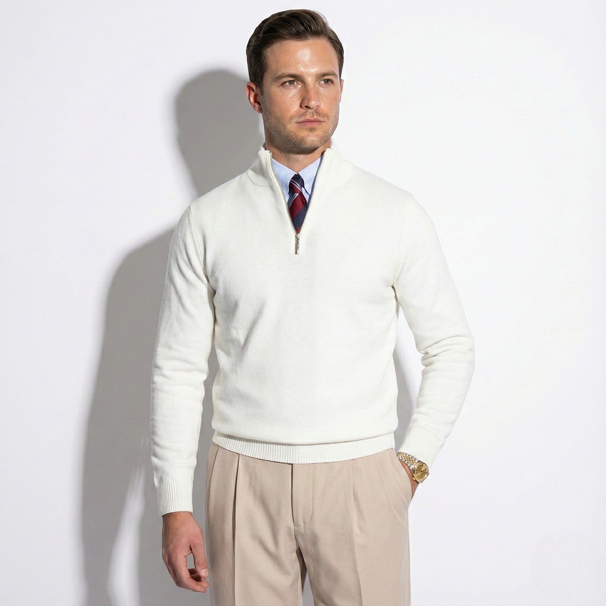 Men’s Half Zip Knitted Jumper with High Collar and Ribbed Trim