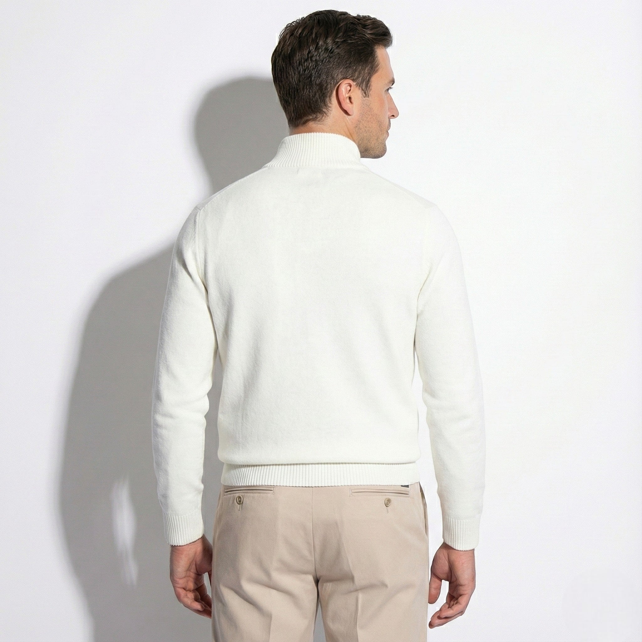 Men’s Half Zip Knitted Jumper with High Collar and Ribbed Trim