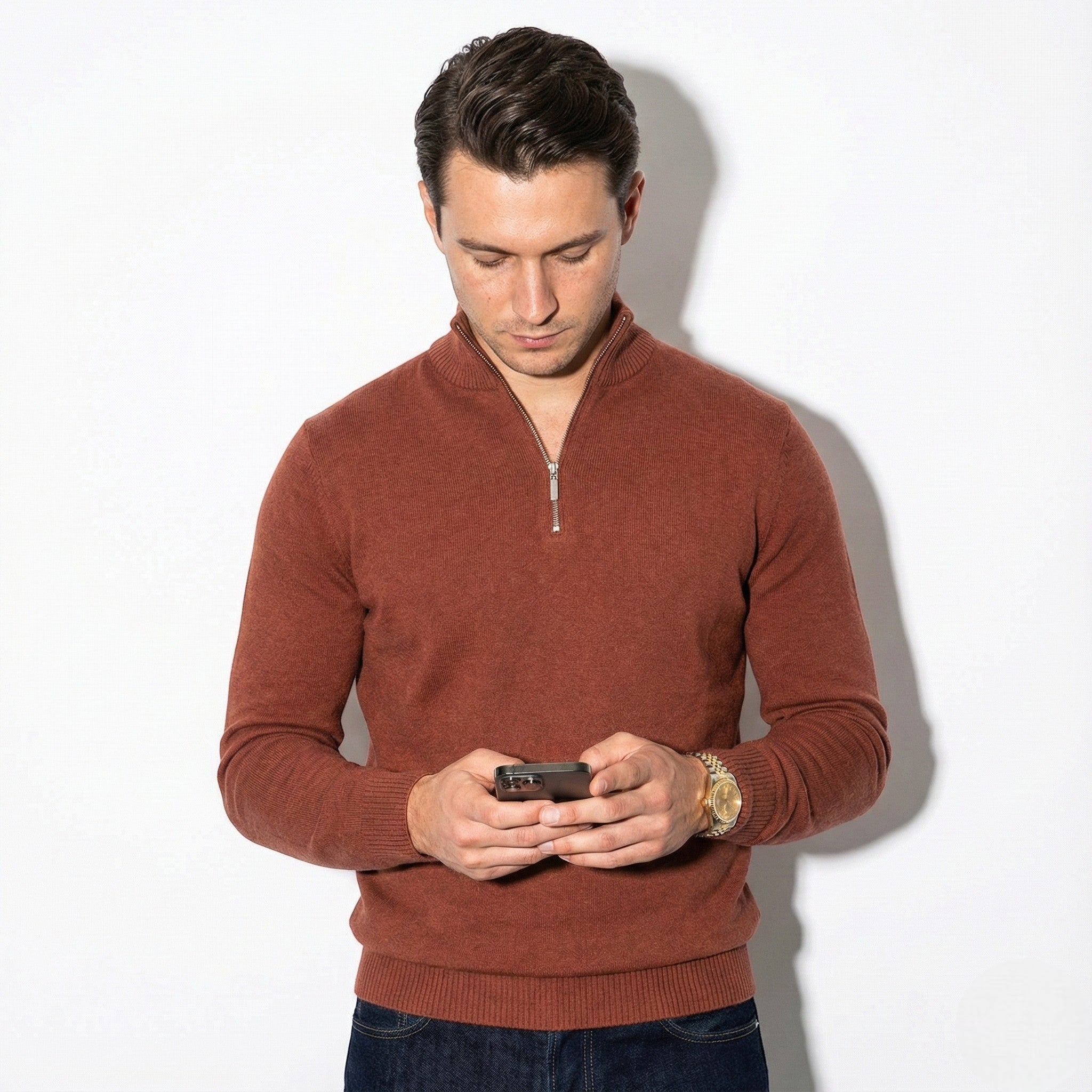 Men’s Half Zip Knitted Jumper with High Collar and Ribbed Trim