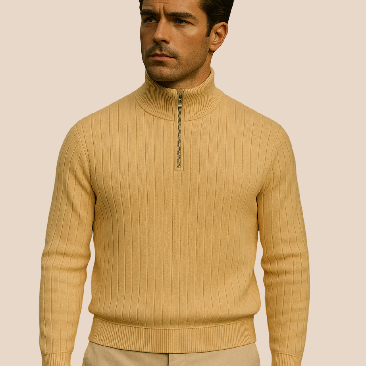 Men’s Ribbed Half Zip Jumper – Stand Collar, Warm Knit