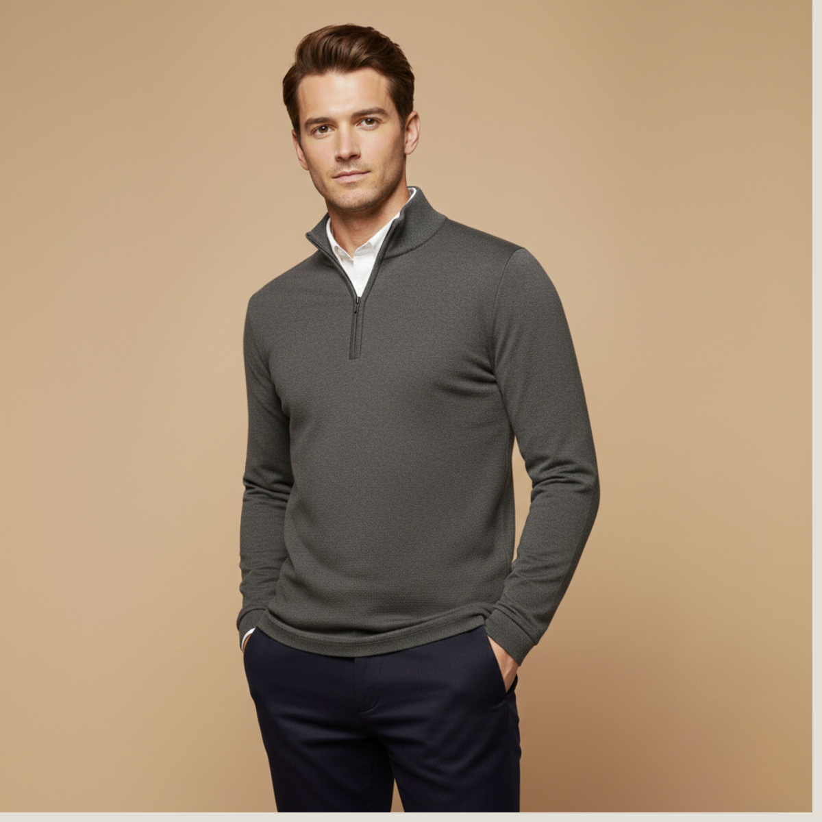 Men’s Slim Fit Quarter Zip Sweater with Stand Collar and Ribbed Hem