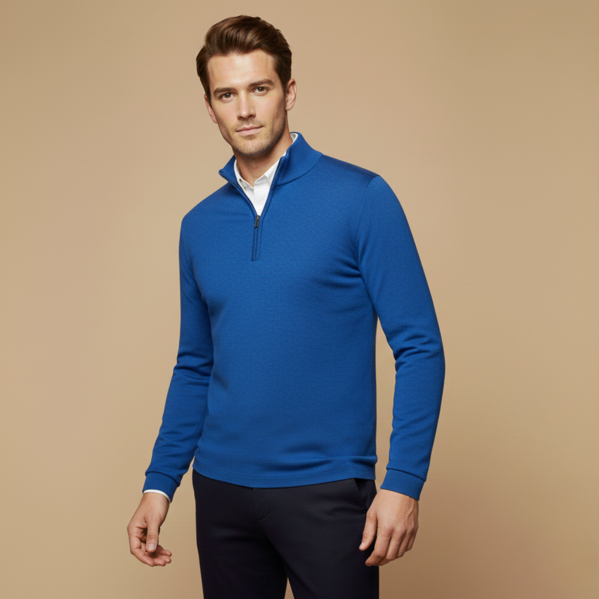 Men’s Slim Fit Quarter Zip Sweater with Stand Collar and Ribbed Hem
