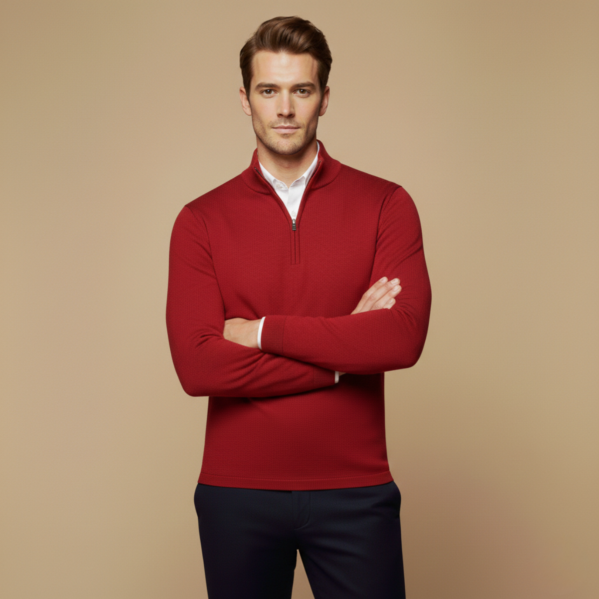 Men’s Slim Fit Quarter Zip Sweater with Stand Collar and Ribbed Hem