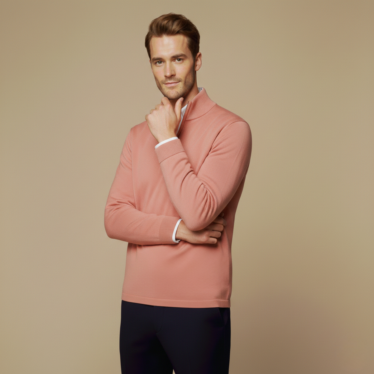 Men’s Slim Fit Quarter Zip Sweater with Stand Collar and Ribbed Hem