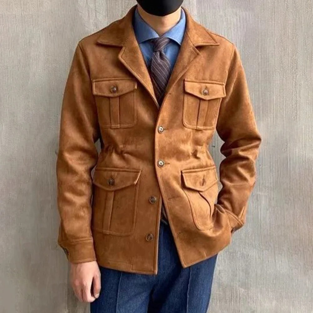 Men’s Suede-Look Hunting Jacket – Four-Pocket, Button Front, Notch Collar